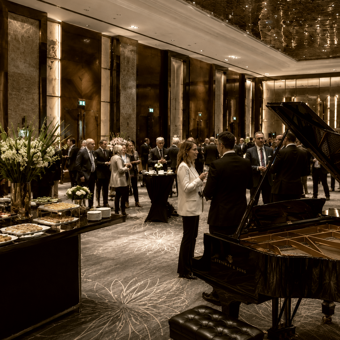 Grand piano at a congress reception in a hotel ballroom