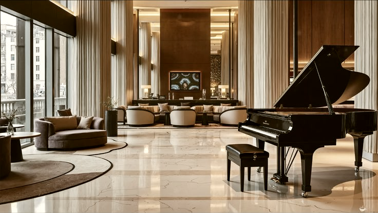 Concert grand piano in a boutique hotel lounge, warm evening light